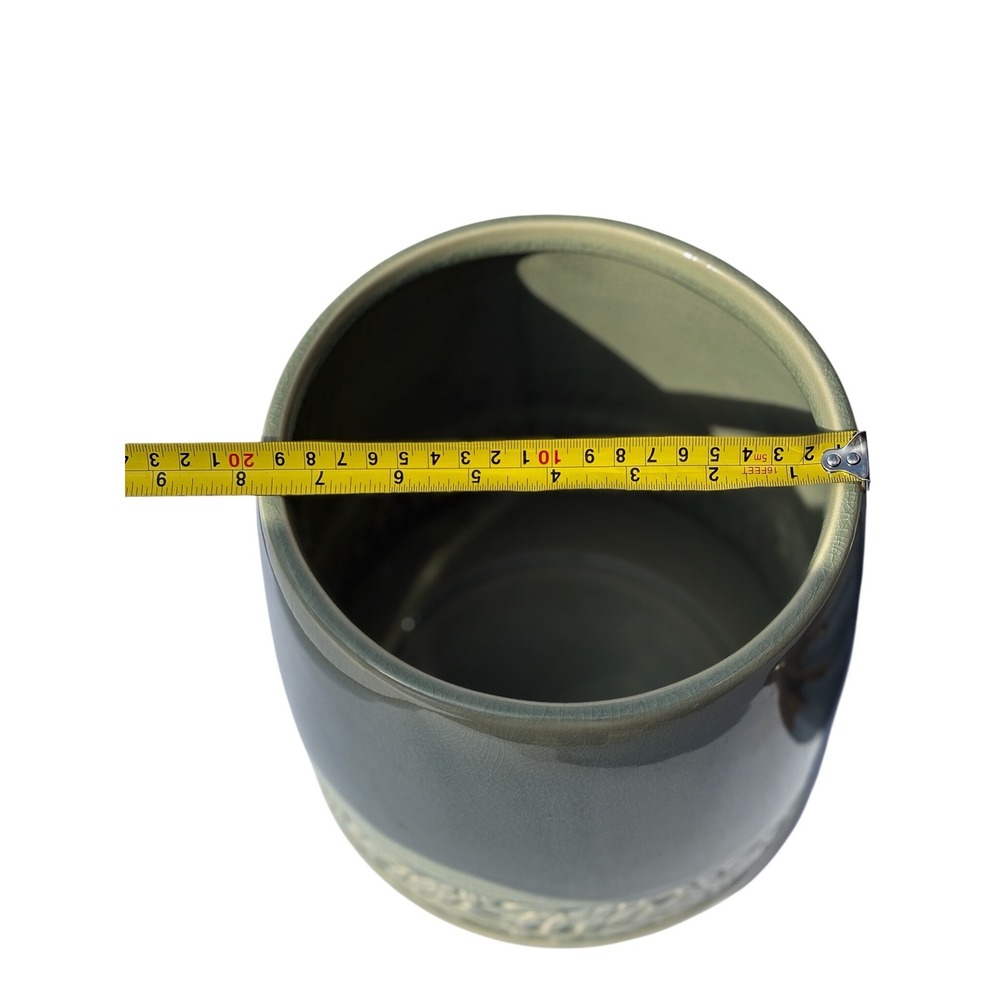 Sage Green Crackle Glaze Ceramic Planter Pot with Embossed Leaf Border 8.5in - Picture 3 of 3